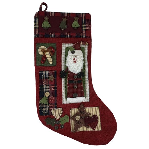 Christmas Stocking Santa Red Country Plaid Design Holiday Lined Large 18 inches - Picture 1 of 10